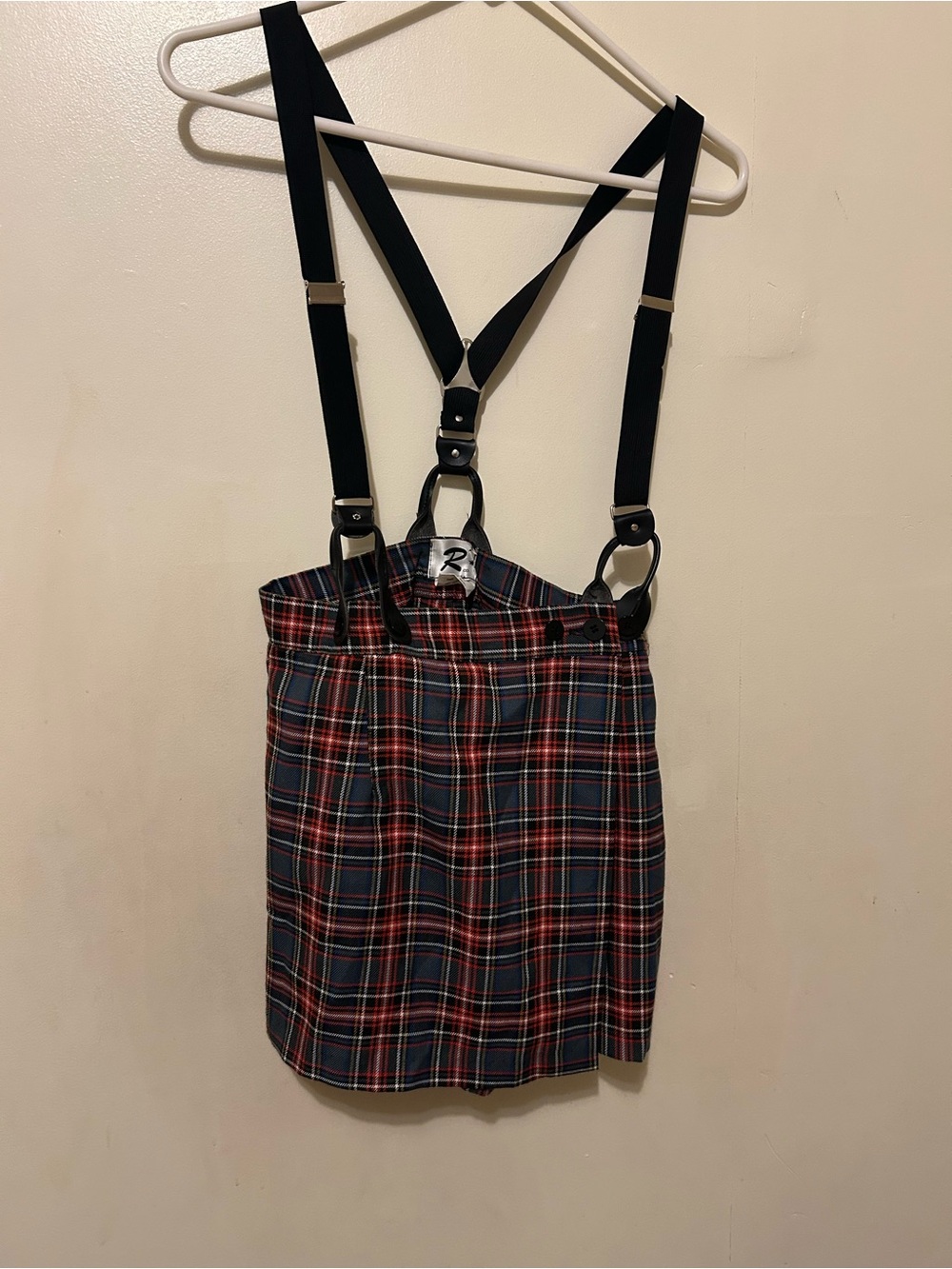VTG R Co Plaid Mini Skirt with Adjustable Black Suspenders - Red/Gray Sz 5